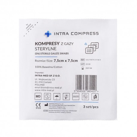 Kompres gazowy jałowy 17N, 8W, 7,5x,7,5cm, Intra Compress blister a`3szt/op
