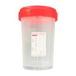 Pojemnik na mocz PP z czerwoną nakrętką, jałowy, Kod:331200, 200ml, 1szt