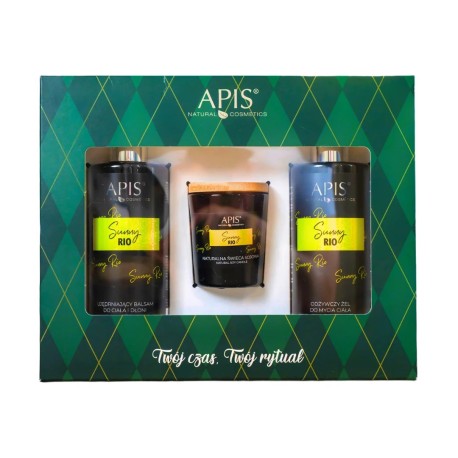 Apis SUNNY RIO, Zestaw Świąteczny: odżywczy żel do mycia ciała 300ml + ujędrniający balsam 300ml + świeczka 70g